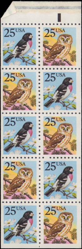 United States #2285b, Complete Set, Booklet Pane Of 10, 1987-1988, Birds, Nev...