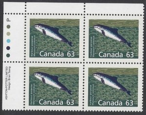 Canada #1176a  MNH set of 4 plate blocks, harbour porpoise, issued 1990