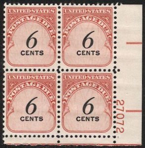 US  Sc J94 Mint NH 6c Plate Block P#27072 LR VF