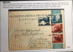 1942 Zagreb Croatia Germany Stationery Postcard Censored Cover To Leoben