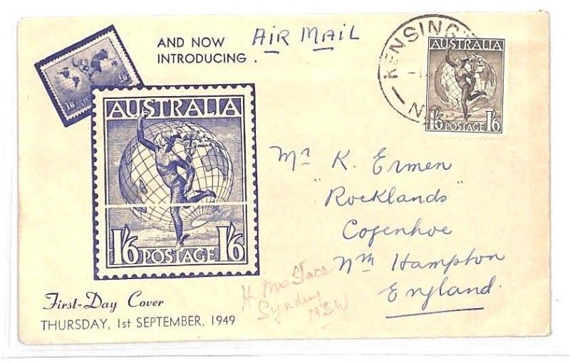 AUSTRALIA First Day Cover 1s6d *Hermes* Illustrated FDC Kensington GB 1949 BH49