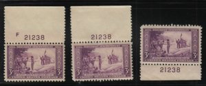 1934 Wisconsin Tercentenary 3c purple Sc 739 MNH matched plate number 21238 (H