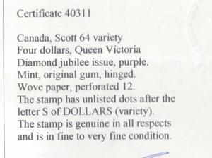 Canada #64 Mint Fine - Very Fine Lightly Hinged Unlisted Variety **With Cert.**