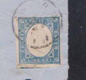 SARDINIA ITALY, 1862 20c SKY BLUE(4th PRINT)ON COVER Front only Scott # 12e