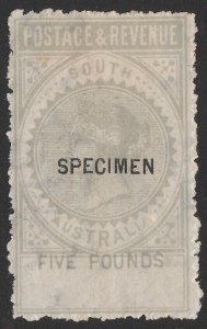 SOUTH AUSTRALIA 1886 QV Postage & Revenue £5 SPECIMEN value SHIFTED.