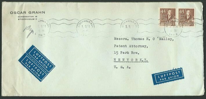 SWEDEN 1953 commercial airmail cover to USA................................60680