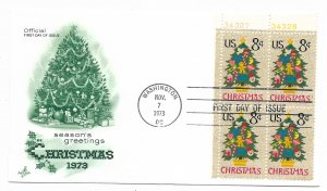 US 1508 8c Christmas Tree pl # blk 4 FDC Artcraft Cachet Unaddressed ECV $15.00
