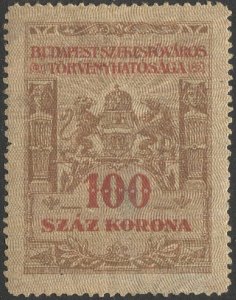 HUNGARY 1923 Budapest Municipal Revenue Stamp, Bft #66 Mint H 100kr