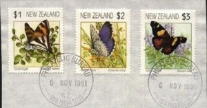 NEW ZEALAND 1991 Butterflies $1, $2 & $3 fine used on piece................70445