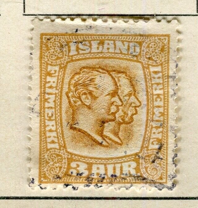 ICELAND; 1907 early Double Kings issue fine used 3a. value
