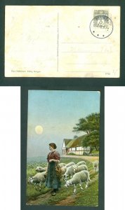 Denmark. Postcard 1916. Tommerup 3 Ore. Farm, Shepherd Girl, Sheep. Odense