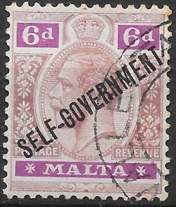 MALTA SG119 1922 6d DULL & BRIGHT PURPLE MCA WMK SELF-GOVERNMENT OVPT USED