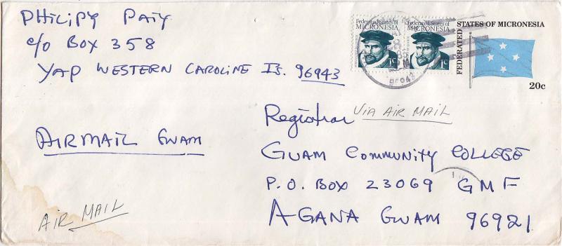 Caroline Islands Micronesia 1c Quiros (2) on 20c Four-Star Envelope 1985 Yap ...