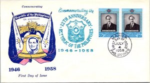 Philippines FDC 1958 - 12th Anniversary of RP - 2x20c Stamp - Pair - F43466