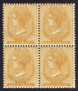 Malta 1882 QV ½d orange-yellow Watermark Crown 'CA' Perf 14 block MNH. SG 18.