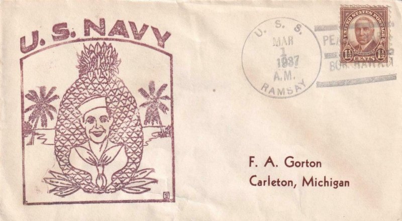 1937, USS Ramsey, DD-124, Pearl Harbor to Carleton, MI (N6914) 