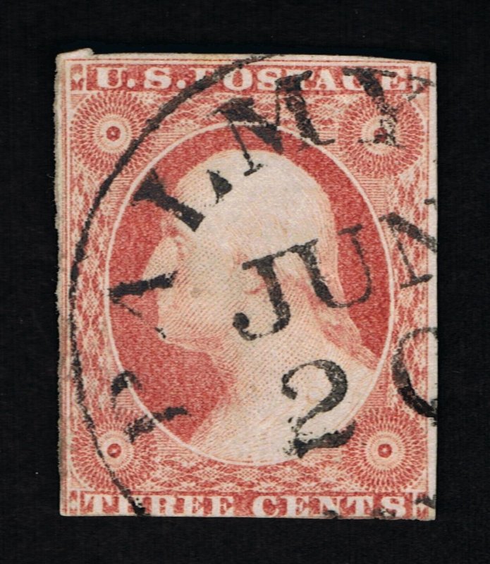 VERY NICE GENUINE SCOTT #11 F-VF USED 1855 TYPE-I LARGE PALMYRA TOWN CANCEL