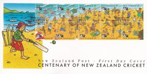 New Zealand # 1248, Beach Cricket Cartoons, Block of 10, First Day Cover