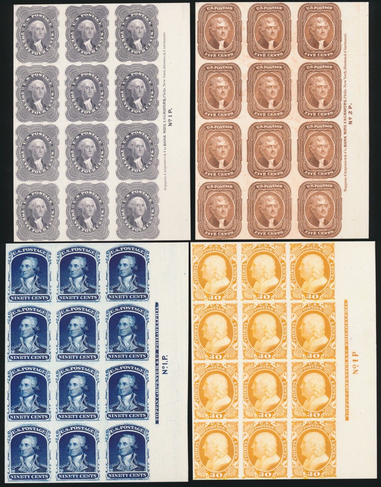 #42P3,45P3-47P3 UNIQUE SET (4) 5¢-90¢ 1851 PROOF PLATE BLOCKS (12 ...