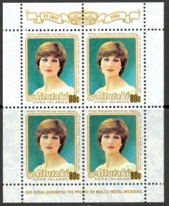 AITUTAKI 1981 80c Princess Diana Royal Wedding Issue Sheet of 4 Sc 248 MNH