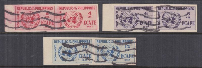 PHILIPPINES, 1947 ECAFE, imperf. set of 3, pairs, used.