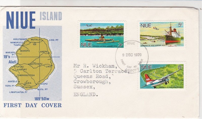 NIUE island 1970 Island Map Pic FDC Boat Canoe + Plane Stamps Cover Ref 28993 