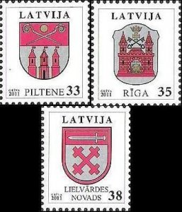 Latvia 2012 Coats of arms Piltene Riga Lielvarde Definitives Set of 3 stamps