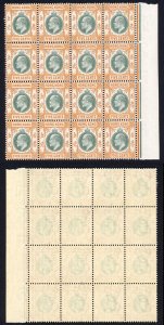 Hong Kong SG65 5c dull green and brown-orange Wmk CA block of 16 FRESH U/M