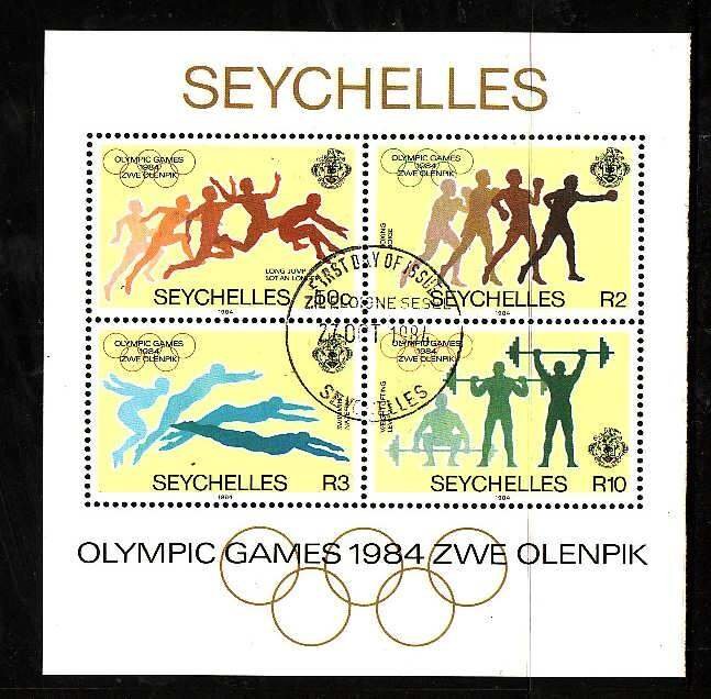 Seychelles-Sc#550a- id7-used sheet-Sports-Summer Olympic Games-1984-