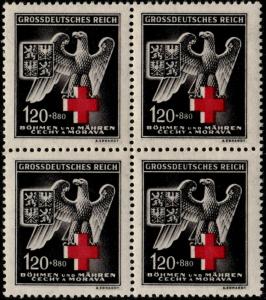 ✔️  GERMANY BOHEMIA MORAVIA 1943 WWII NAZI RED CROSS SC. B21 ** MNH BLOCK OF 4