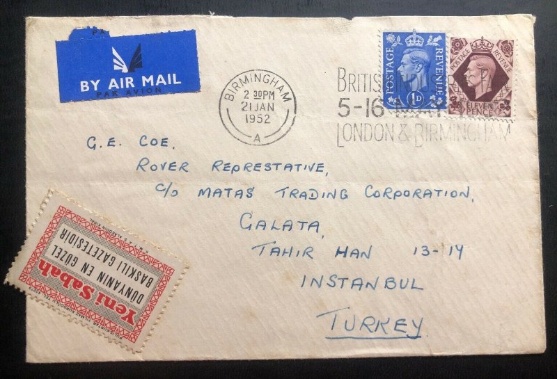 1952 Birmingham England Airmail Cover To Istanbul Turkey Yeni Sabah Label