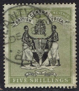 BRITISH CENTRAL AFRICA 1896 ARMS 5/- WMK CROWN CC USED