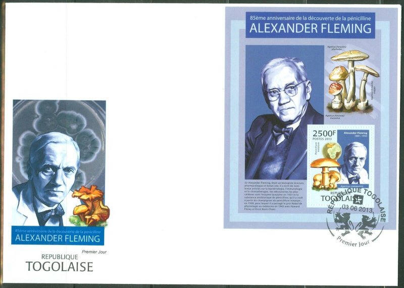 TOGO 2013 85th ANNIVERSARY DISCOVERY OF PENICILLIN ALEXANDER FLEMING S/S FDC