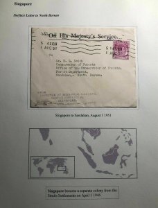 1951 Singapore Malaya On His Majesty Service Cover To Sandakan North Borneo