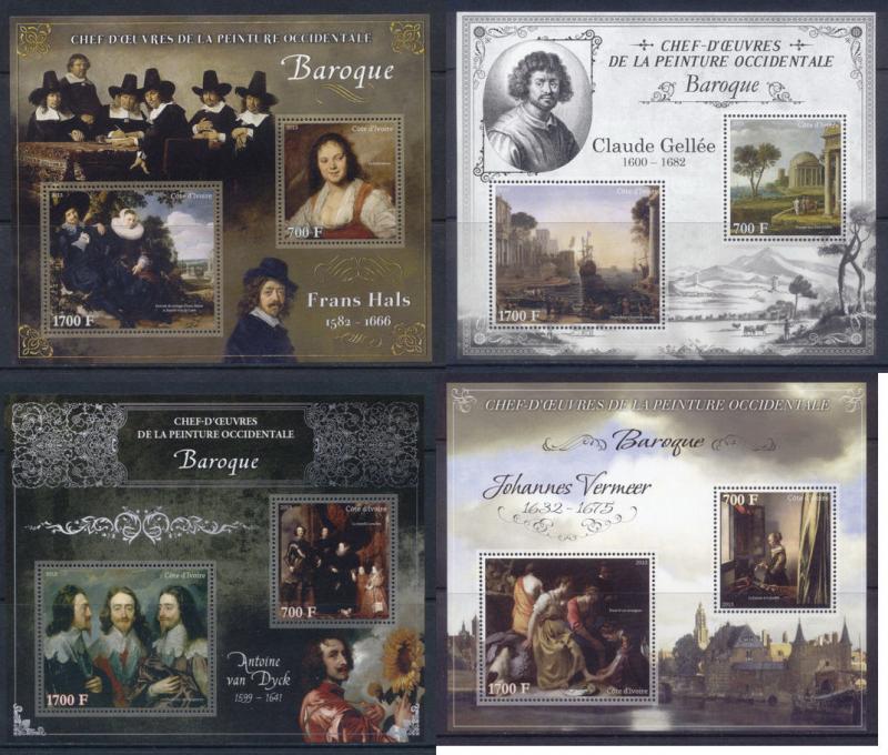 Masterpieces of Western Art Baroque Paintings Ivory Coast 15 MNH stamp sheets 