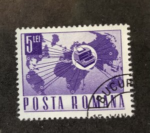 Romania 1967/68  Scott 1988 used -  5 l, world map & teletype