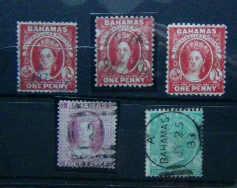 Bahamas 1863 1d Red x 3 4d Venetian Red 1s Green Used