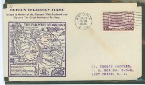 US 783 1936 3c Oregon Territory Centennial (single) on an addressed (stencil) FDC with an Astoria, OR and a Kapner cachet.