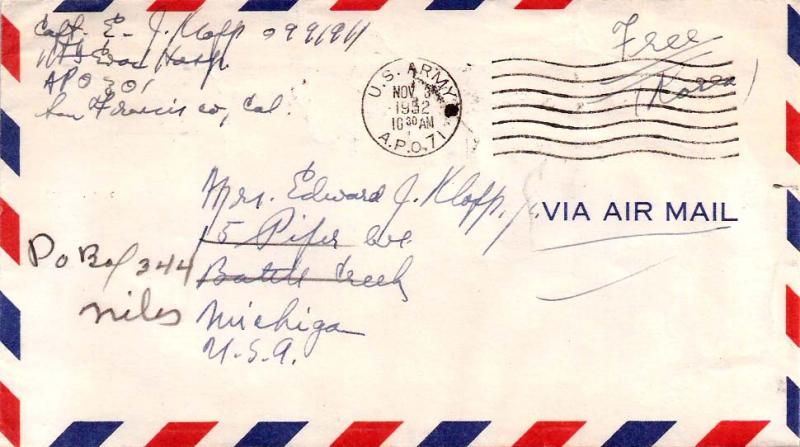 United States Korean War Soldier's Free Mail 1952 U.S. Army, A.P.O. 71 Wonju,...