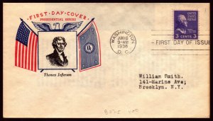 Scott 807 3 Cents Jefferson Fidelity FDC Typed Address Planty 807-5