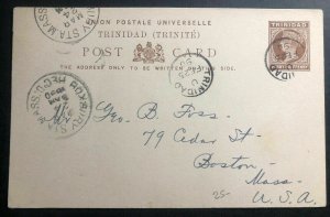 1890 Trinidad & Tobago Postal Stationery Postcard Cover To Boston Ma USA