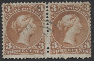 Canada #25b 3c Large Queen Pair Thin Paper Dated Cancel MY 11 1868