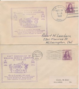 #724 William Penn lot of 2 Old Court House RSC cachet FDC's New Castle Delaware 