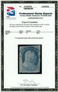 US Stamp #7 Washington 1c - PSE Cert - Used - CV $140.00