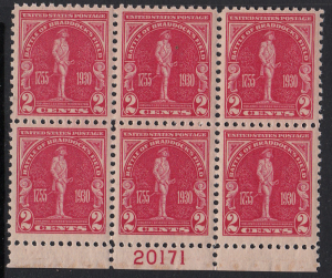 United States #688, Braddock block of 6, MNH