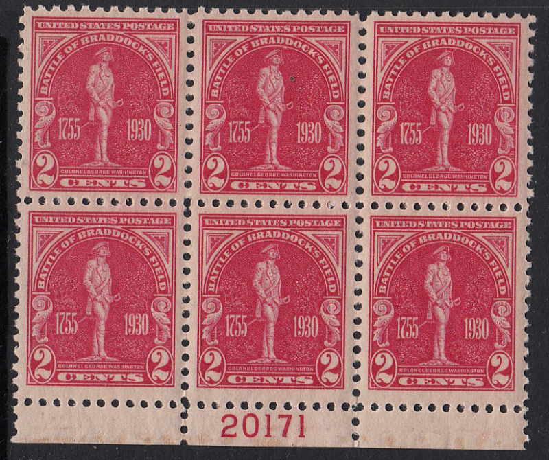 United States #688, Braddock block of 6, MNH