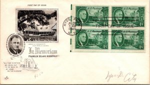 FDC 1945 SC #930 Artcraft Cachet - Hyde Park, NY - Block Of 4 - J1646