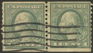 US 1916 Sc 490  Used 1c Horz Joint Line Coil pair, perf 9 1/2, F-VF