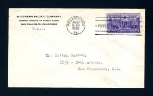 # 835 addressed First Day Cover with Southern Pacific cachet 6-21-1938 #1