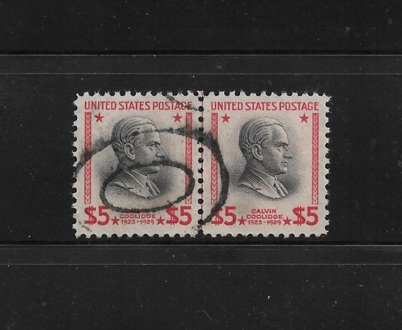 US Stamps: #834; $5 1938 Presidential Definitive; Pair w/Vertical Line; Used